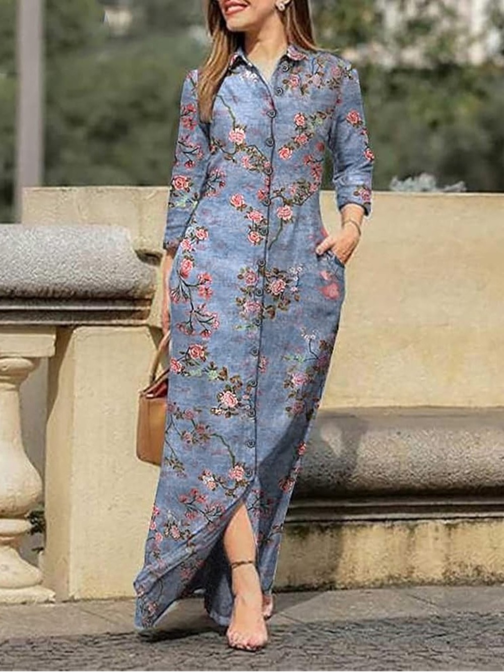 Floral Button-Front Maxi Dress in Blue with pockets